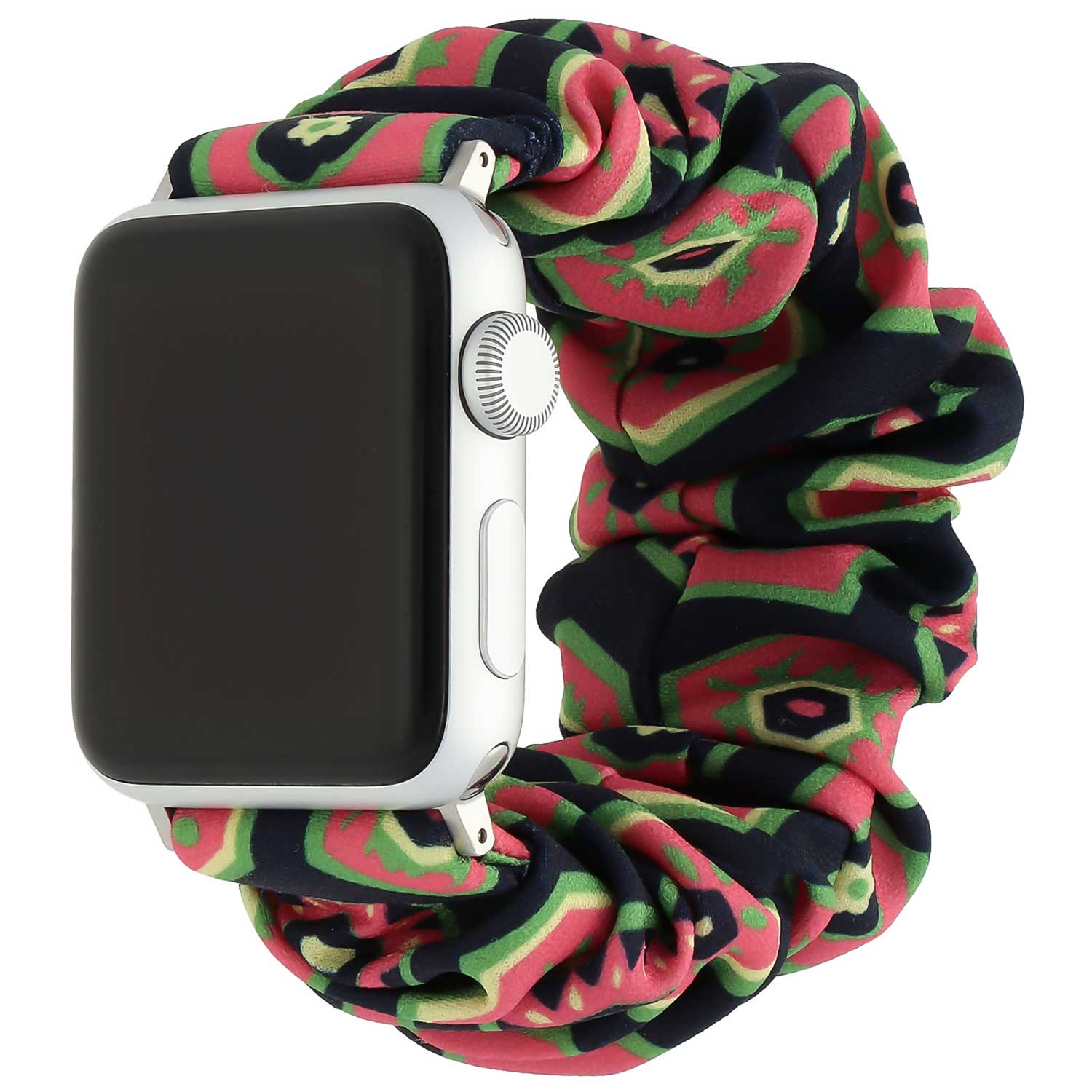Apple-Watch-nylon-Scrunchie-band-donkerblauw-met-roze-en-groen-7440850079079-123watches-hoofdfoto