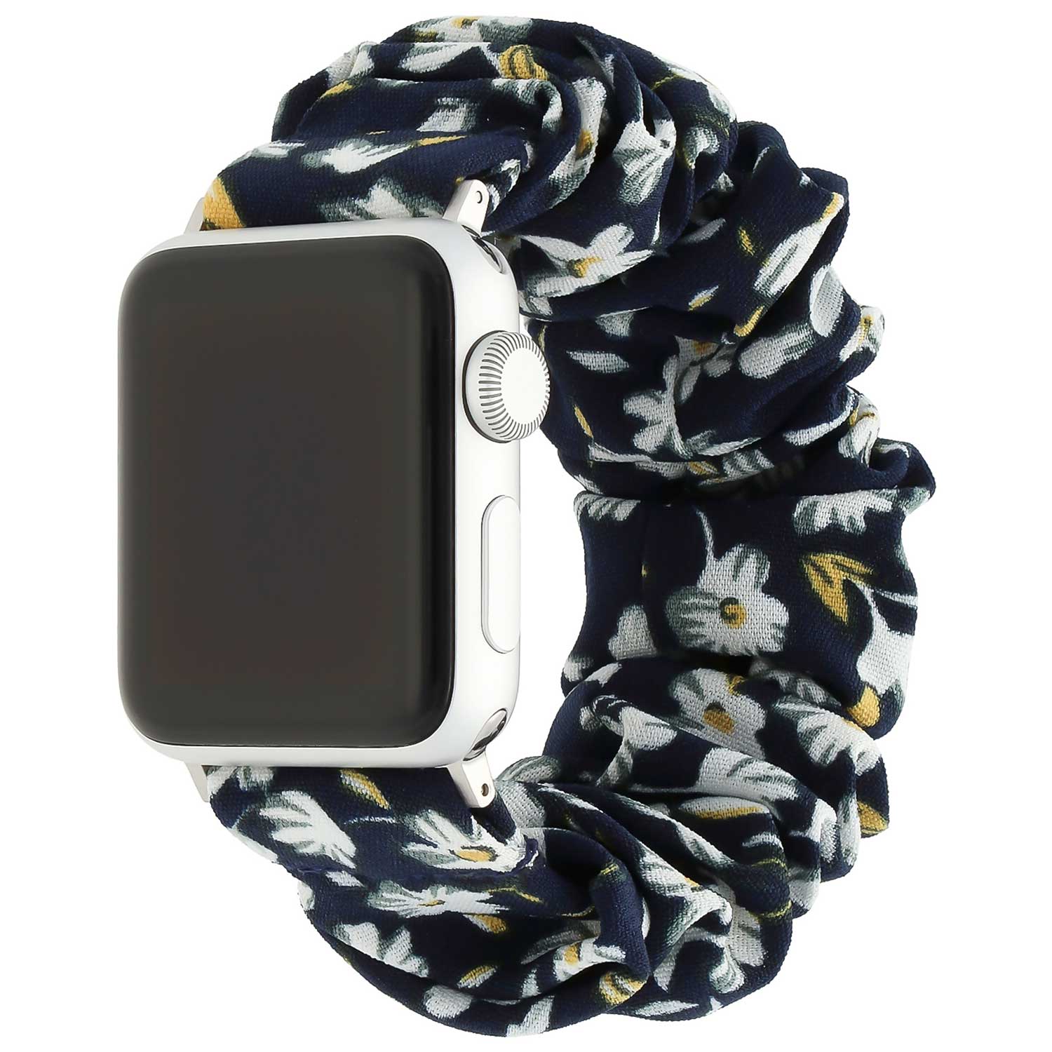 Apple-Watch-nylon-Scrunchie-band-donkerblauw-bloemen-7440850080051-123watches-hoofdfoto