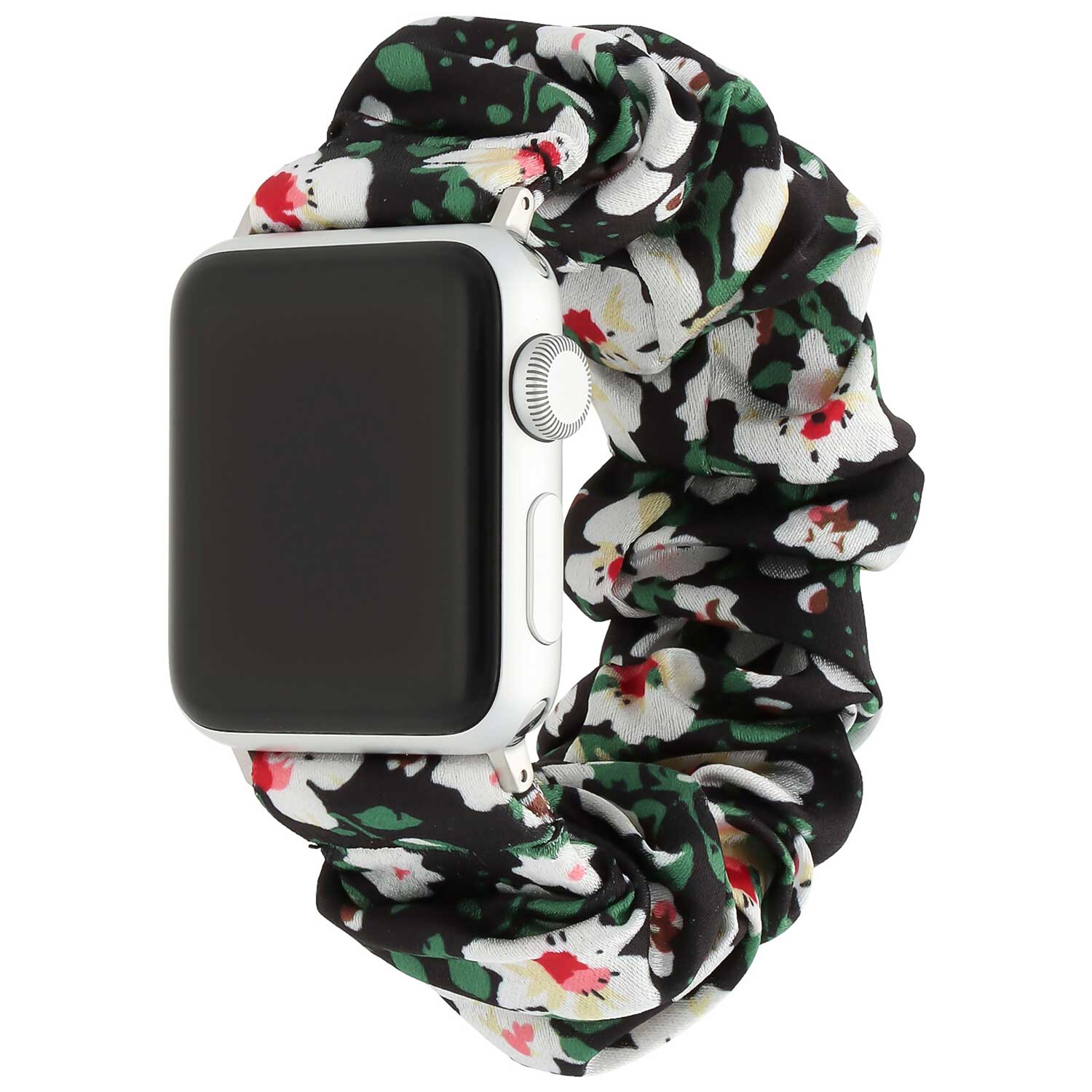 Apple-Watch-nylon-Scrunchie-band-zwart-met-witte-bloemen-7440850081065-123watches-hoofdfoto