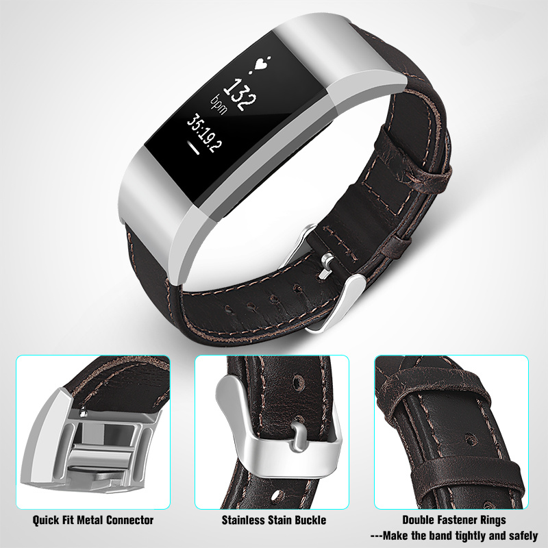 Fitbit Charge 2 genuine leren band - donkerbruin