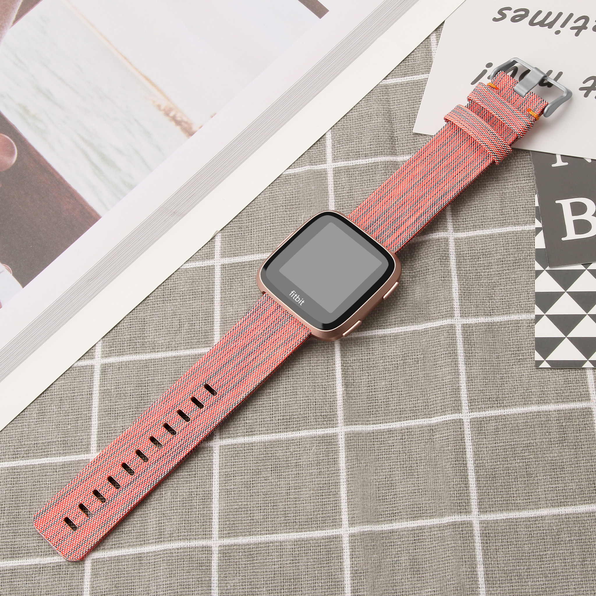 Fitbit Versa nylon gesp band - oranje gestreept