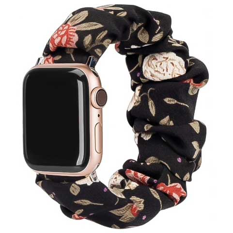 Apple-Watch-nylon-Scrunchie-band-bloemen-zwart-7440849352329-123watches-hoofdfoto