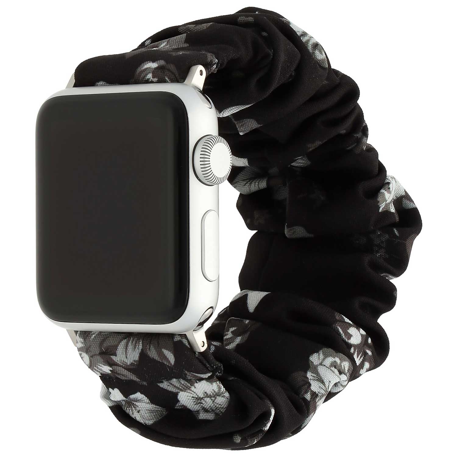 Apple-Watch-nylon-Scrunchie-band-zwart-met-rozen-7440850083021-123watches-hoofdfoto