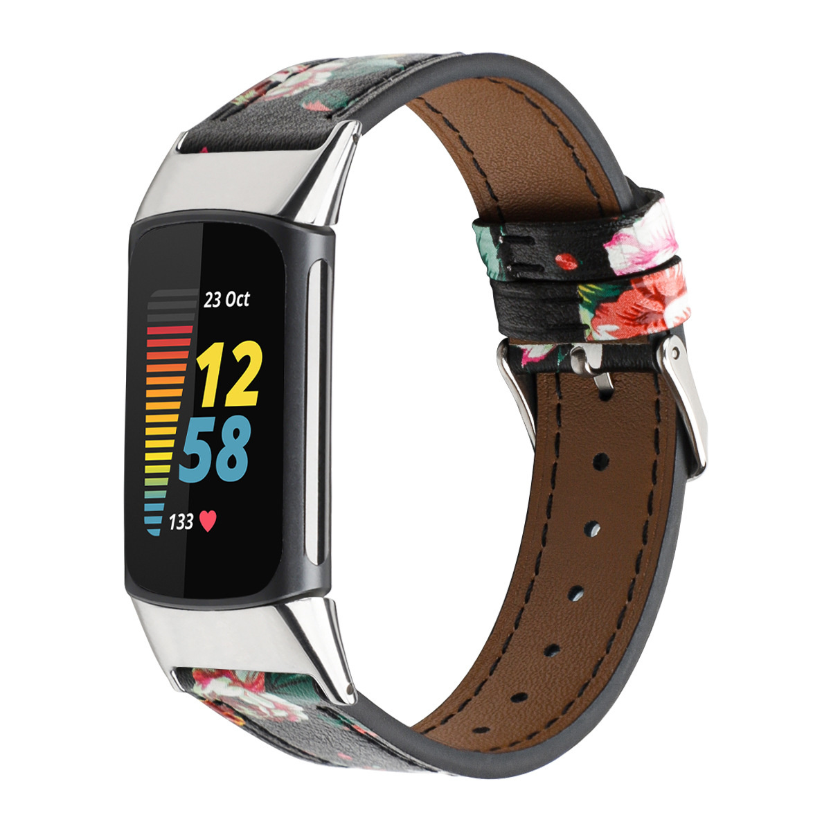 Fitbit Charge 5 leren band - bloemen roze