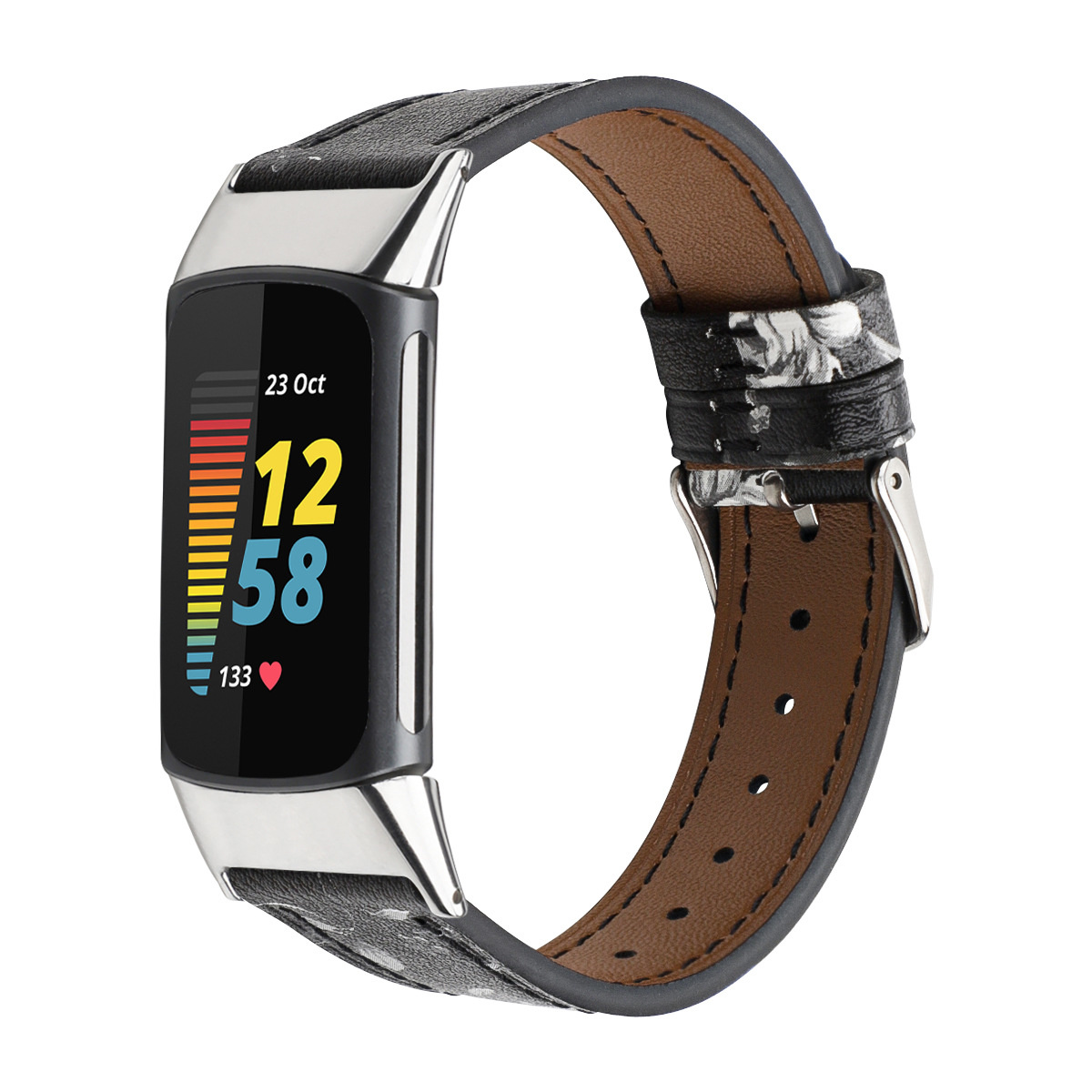Fitbit Charge 5 leren band - bloemen zwart